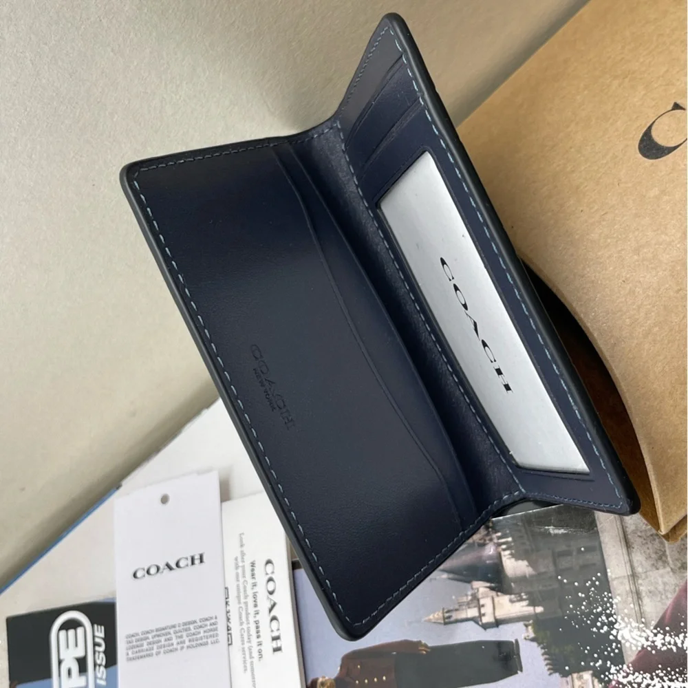 (new+tag+box) Coach Men bifold + card case croc navy wallet size 4.25x3 inch